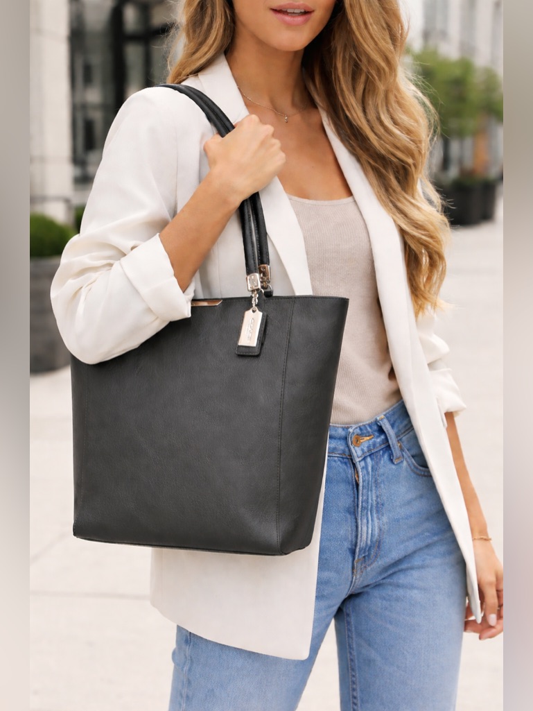 Coach # 28743 Dark Gray Leather Tote Metallic Finish, Medium.